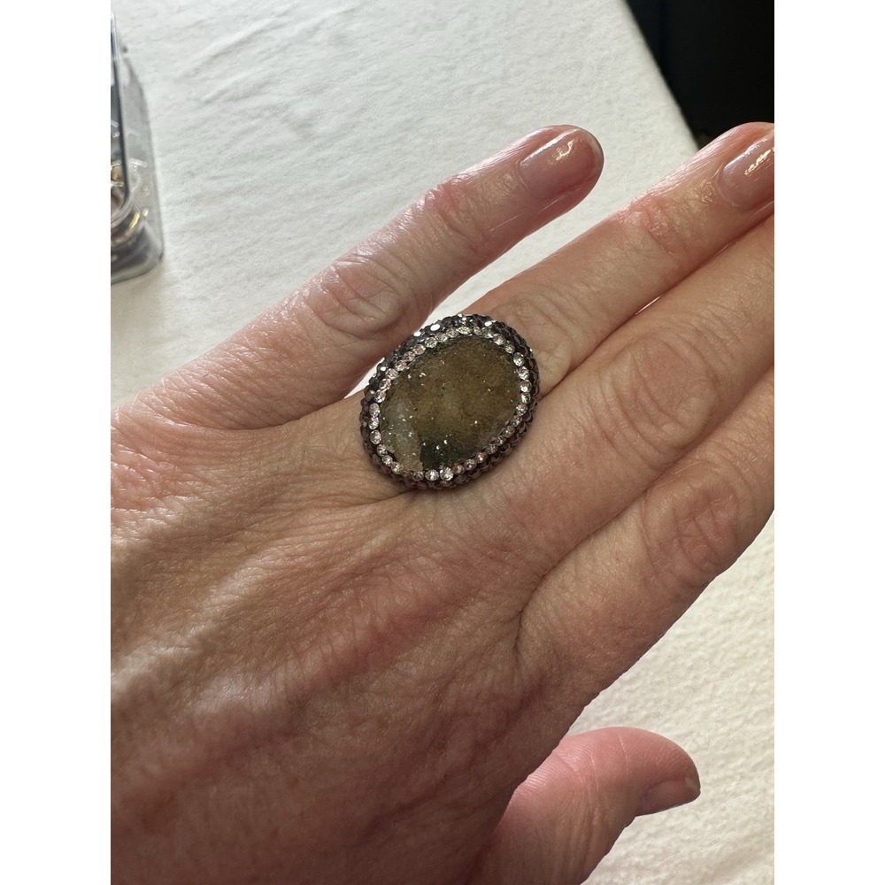 Ring Round Rhinestone Silver Dip Adjustable - Picture 1 of 4